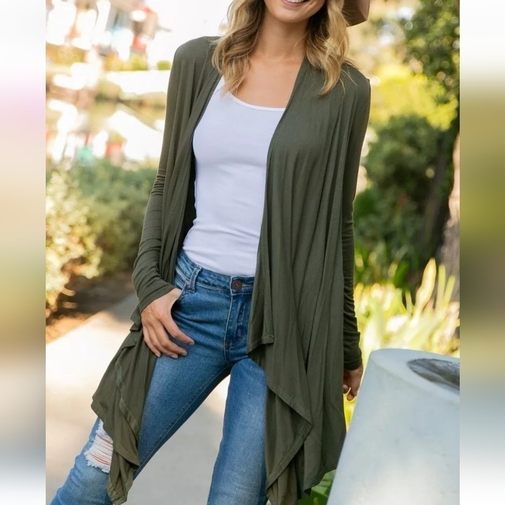 Solid Jersey Cascade Cardigan Plus Size Olive Gre… - image 7